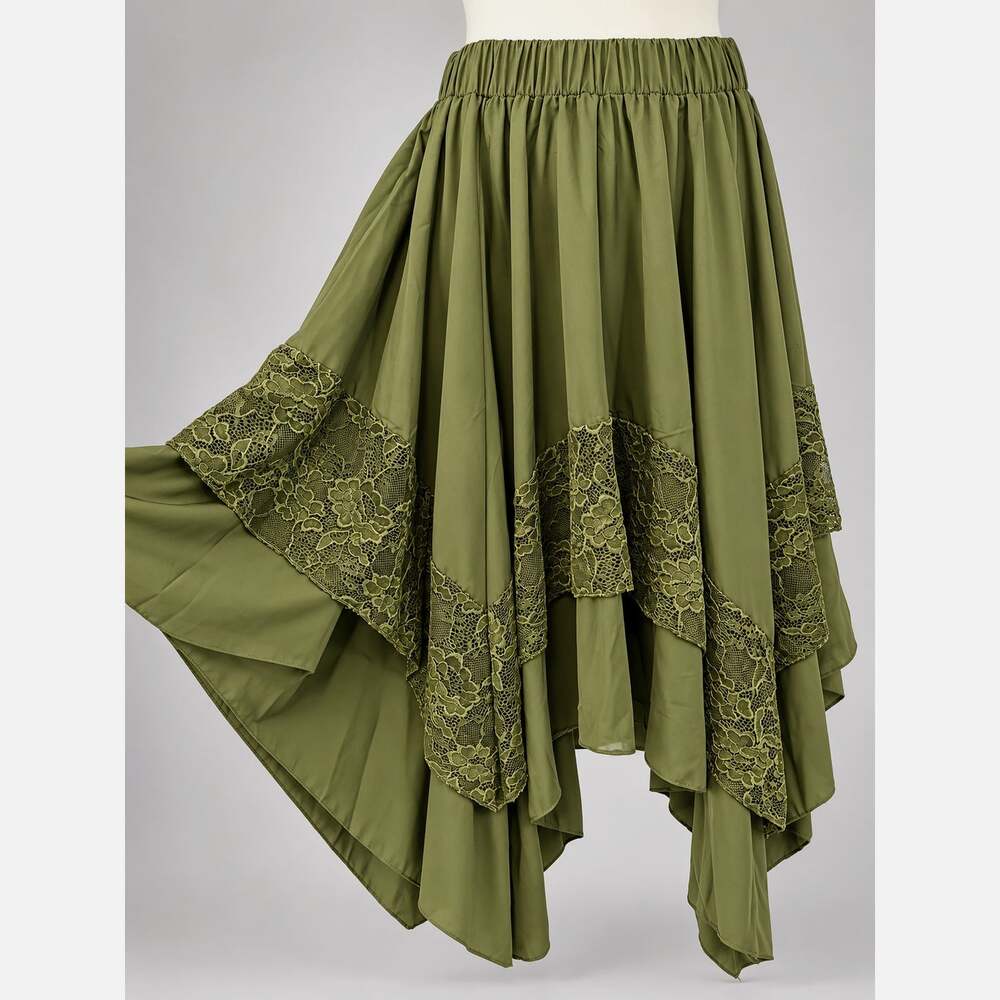 Olive green boho fairy renaissance skirt layered lace handkerchief hem festival